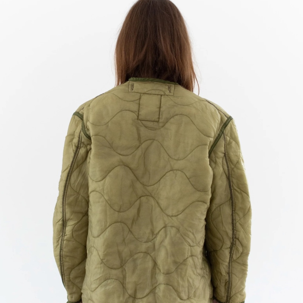 Vintage Olive Green Liner Jacket Unisex Wavy Quilted Nylon Coat (Small-Medium) - Picture 3 of 4